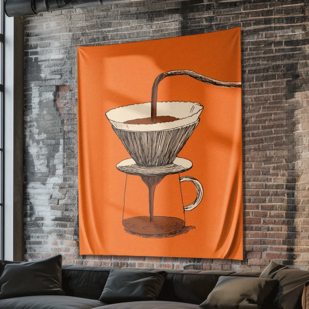 Orange background coffee pot Digital printing polyester wall hanging tapestry decorative Living room bedrooms background gift