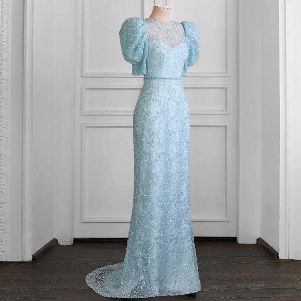 

Sky Blue Lace Evening Dress Crew-Neck Sheath Short Sleeved Back Zipper Beading Belt Sashes Women Elegant Prom Gown