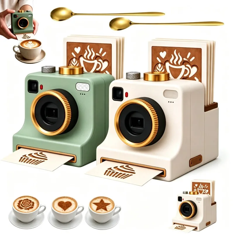 3D Printed Latte Art Camera,Manual Coffee Printer with 4 Coffee Stencils and 2 Mesh Filters,Mechanical Powder Art Maker for Home