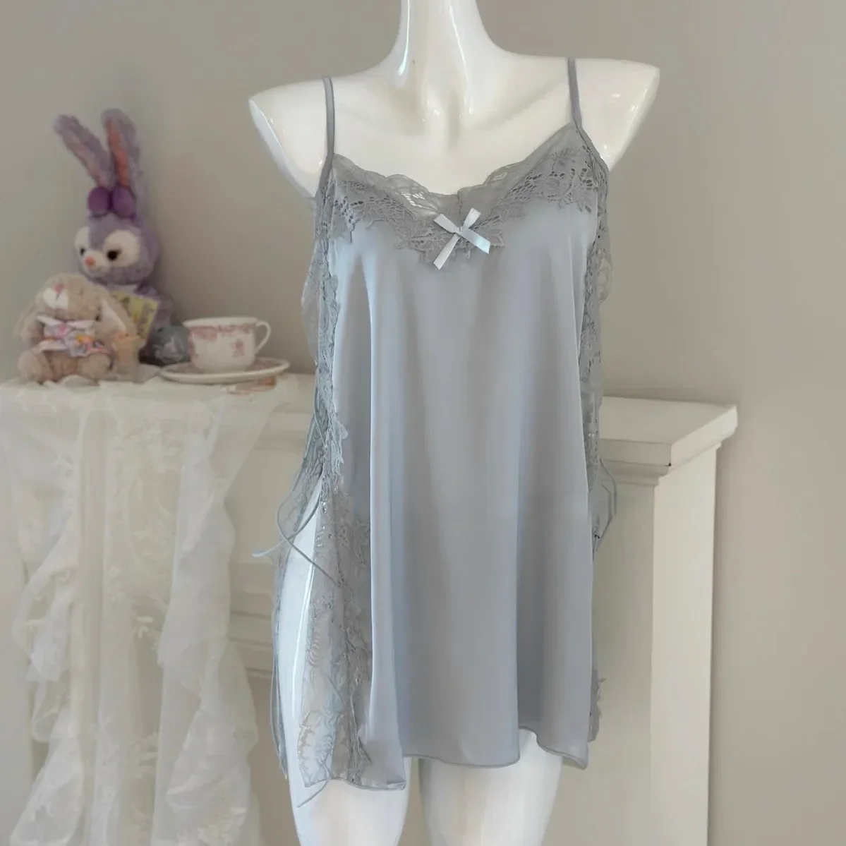 French Silk Lace Suspender Nightdress with Split Drawstrings on Sides Sexy Lingerie Ice Silk Pajamas Thin New Loungewear  Women Sexy Lace Satin Pajama Set Factory Direct Wholesale, Affordable Bulk Price