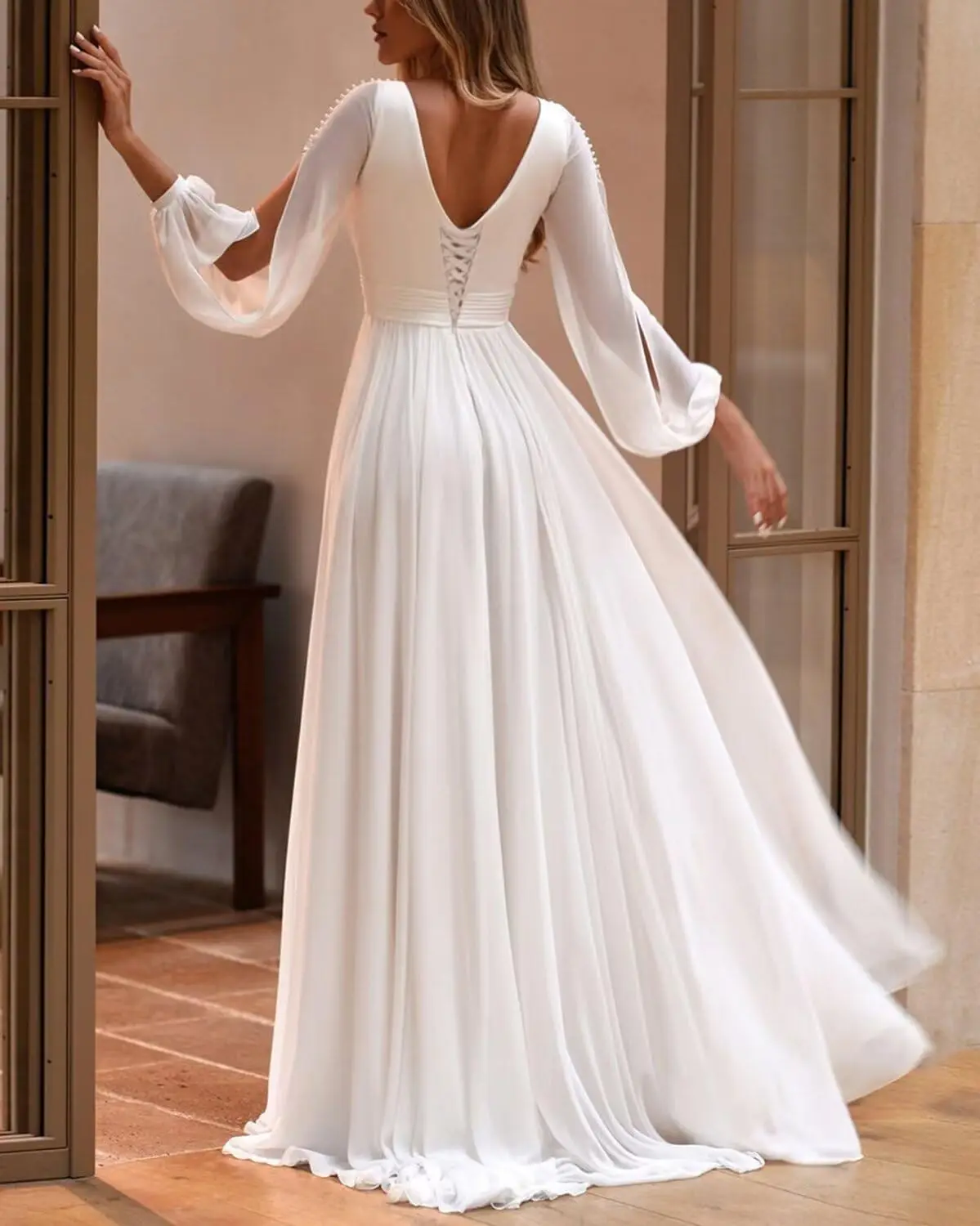 ชุดแต่งงานแขนยาวสำหรับเจ้าสาว ผ้าชีฟอง ประดับลูกปัด คอวีเซ็กซี่ ชุดเจ้าสาวสำหรับงานเลี้ยง ชุดราตรี