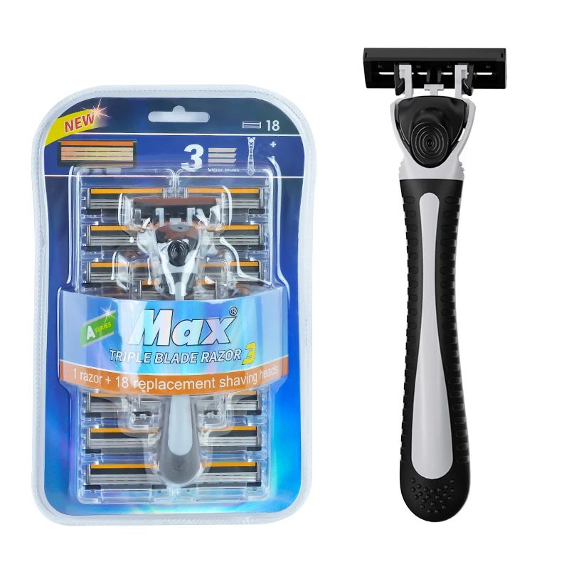 

2025 popular one handle and 18 heads triple blade system razor Replaceable Heads Shaving Razor for Men