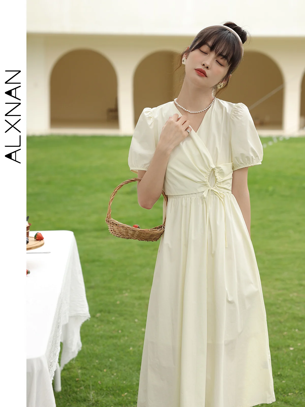 ALXNAN Puff Short Sleeve V Neck Dress Women Summer New 2024 Pleated High Waisted Elegant Fashion Sweet Solid Dresses LXN25963