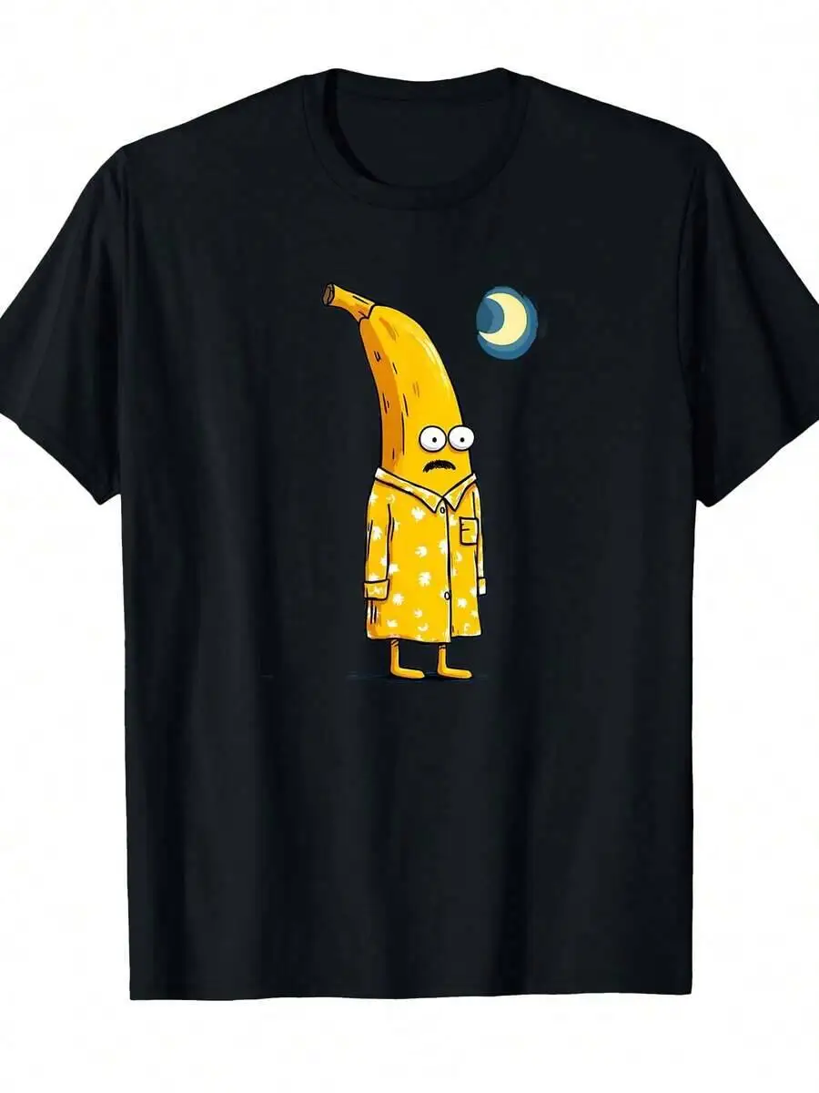 Fun Print Pajama Style T-Shirt, Casual Black Tee With Yellow Banana Graphic, Comfortable Fit, Humorous Gift For Men  100% Cotton Trendy Y2K Short-Sleeve Tee-Soft, Quick-Drying, Moisture-Wicking, Great Gift for Christmas or Halloween.