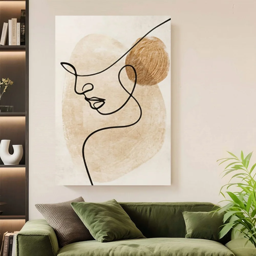 

Framed 2D Flat, 1pc Framed Abstract Minimalist Line Drawing Woman Portrait Poster - Black & Beige Modern Wall Art, High-Quality