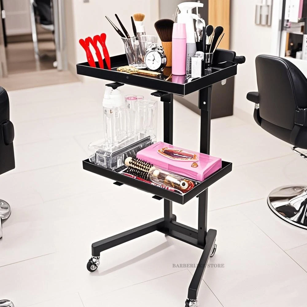 Adjustable Height Stainless Steel Folding Hair Clipping Trolley Cart Rolling Stand for Salon Medical SPA Clinic Service Storage