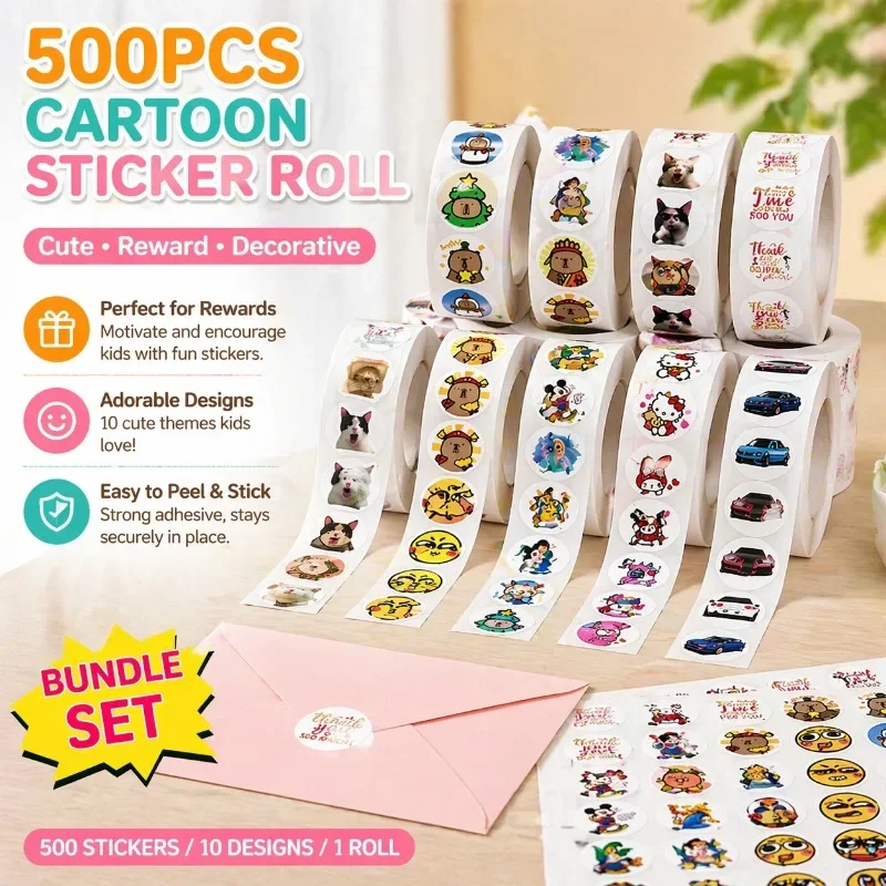 500pcs Waterproof Vinyl Sticker Roll Cartoon Animal Decals for Laptop Water Bottle Journal DIY Decor