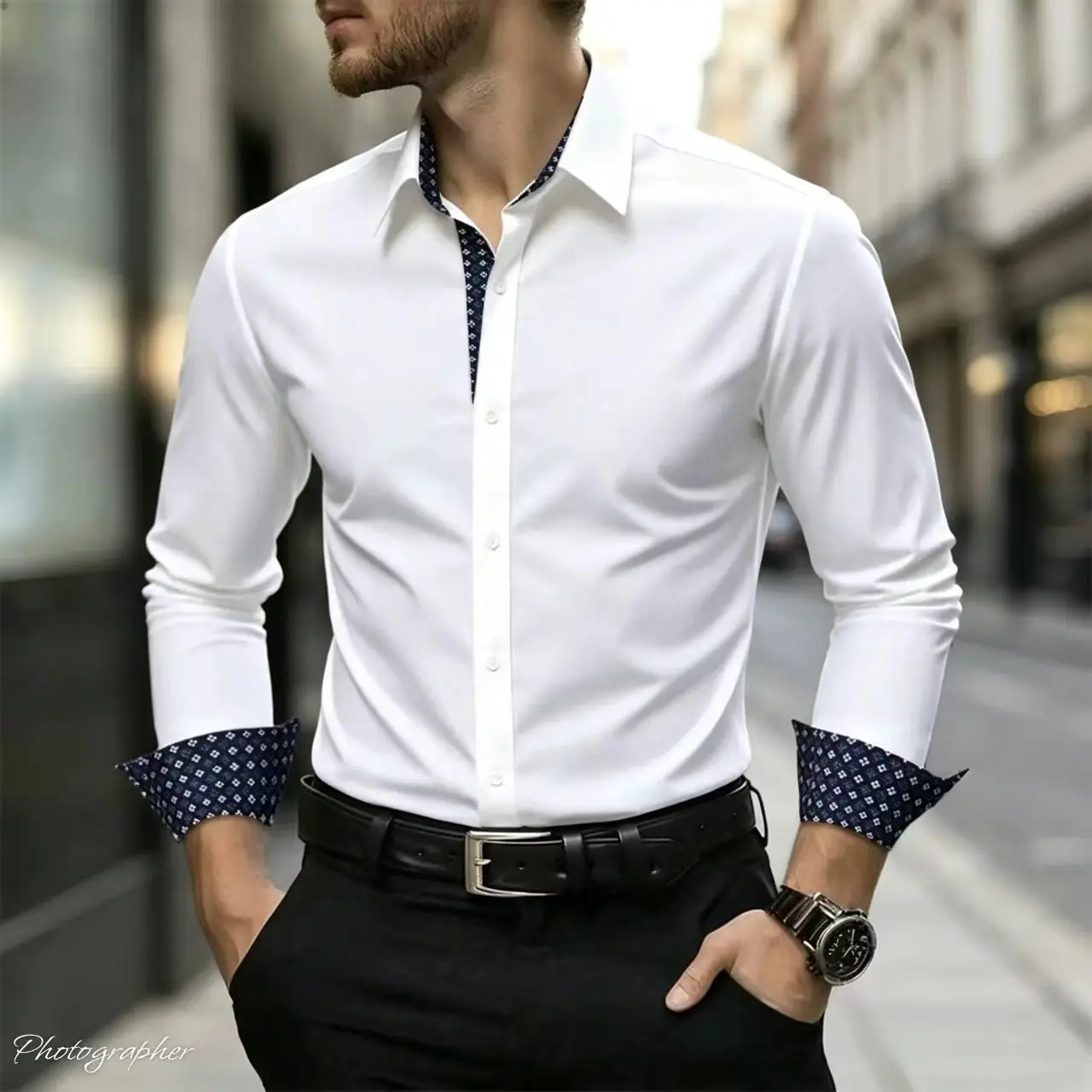Men's Slim Fit Shirt Long Sleeved Contrasting Plaid Cuffs Collar Patch Solid Color Business Dress Shirt Office Wedding Camisa