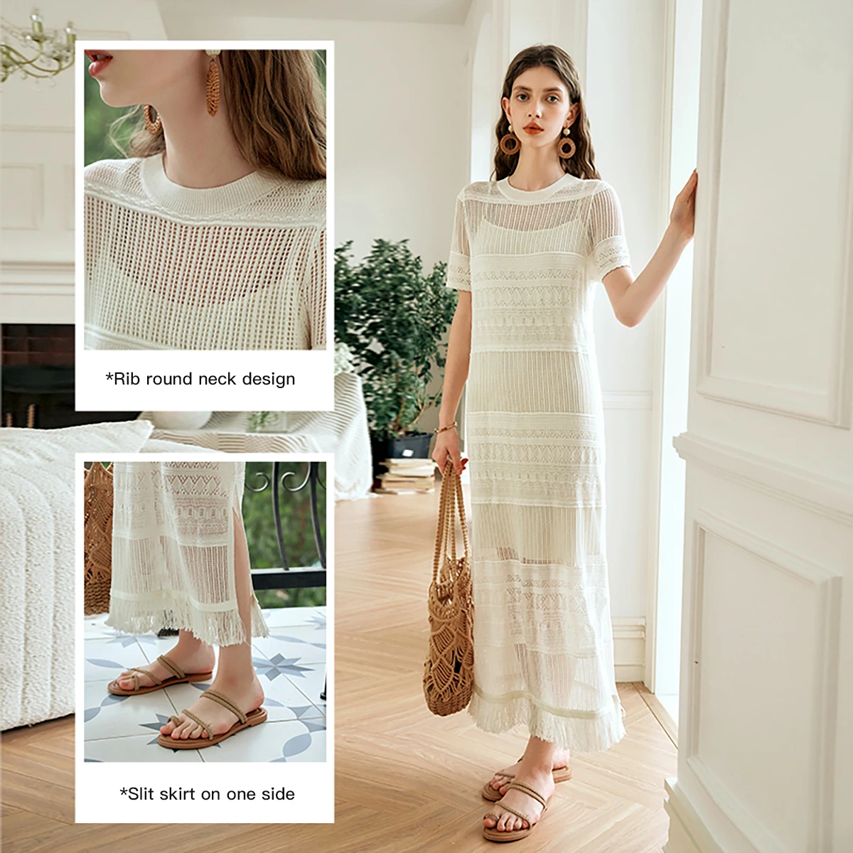 ชุดเดรสฤดูร้อนผู้หญิง OLrain ปี 2025 สไตล์ฝรั่งเศส ชุดเดรสถักสีขาว ชุดเดรสยาวสองชิ้นแบบสายเดี่ยวเว้าลายสำหรับวันหยุด O24XL86313