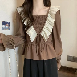 Ruffles Patchwork Blouse Spring Autumn New Long Sleeve Loose Solid Color Short Korean Shirt Tops Fashion Sweet Women Clothing