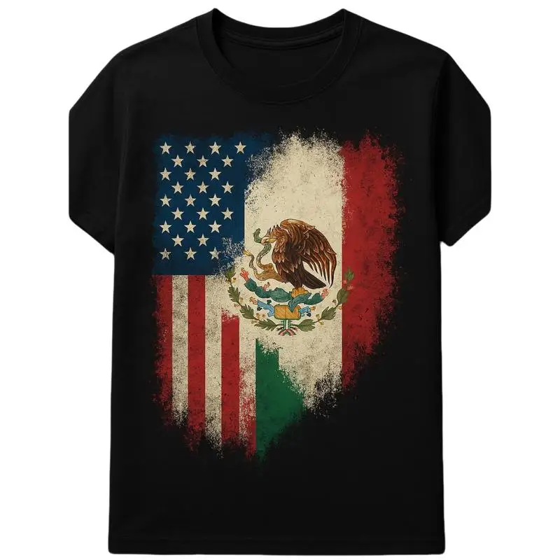 

Streetwear Graphic Tee 100% Cotton Unique Gift for Gamers & Skate Fans US - Mexico Flag Mashup Distressed T - shirt Retro Vintag