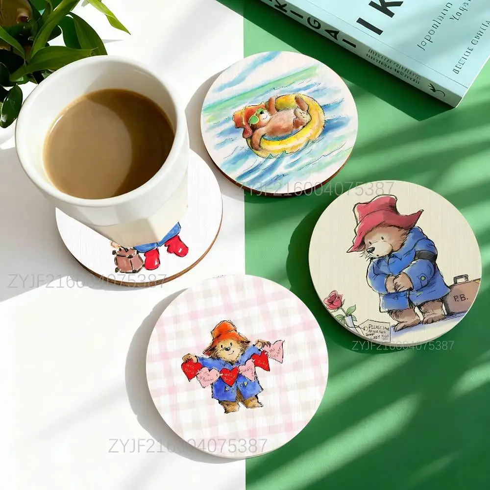 

P-Paddington Bear Cute Round Wooden Coasters For Cute Design Suitable for Drinks Tea,Coffee Home Perfect Gift Choice