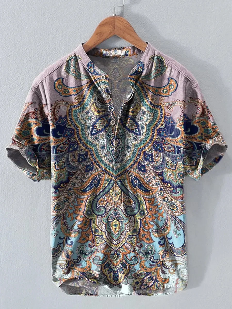 

New retro watercolor electric guitar 3D printed men's short sleeved Henley shirt trendy cool casual style shirt