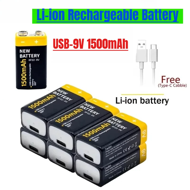 

USB-9V 1500mAh Li-ion Rechargeable Battery Type-C USB 6F22 9V Battery for RC Helicopter Model Microphone Toy