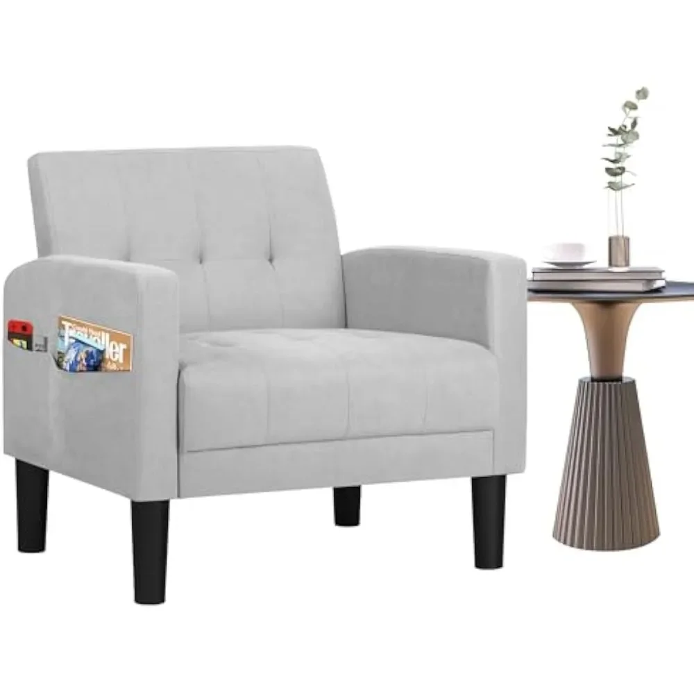 

Mid-Century Upholstered Tufted Accent Living Room Armchairs, Comfy Modern Fabric Bedroom Office Armchair Single Sofa
