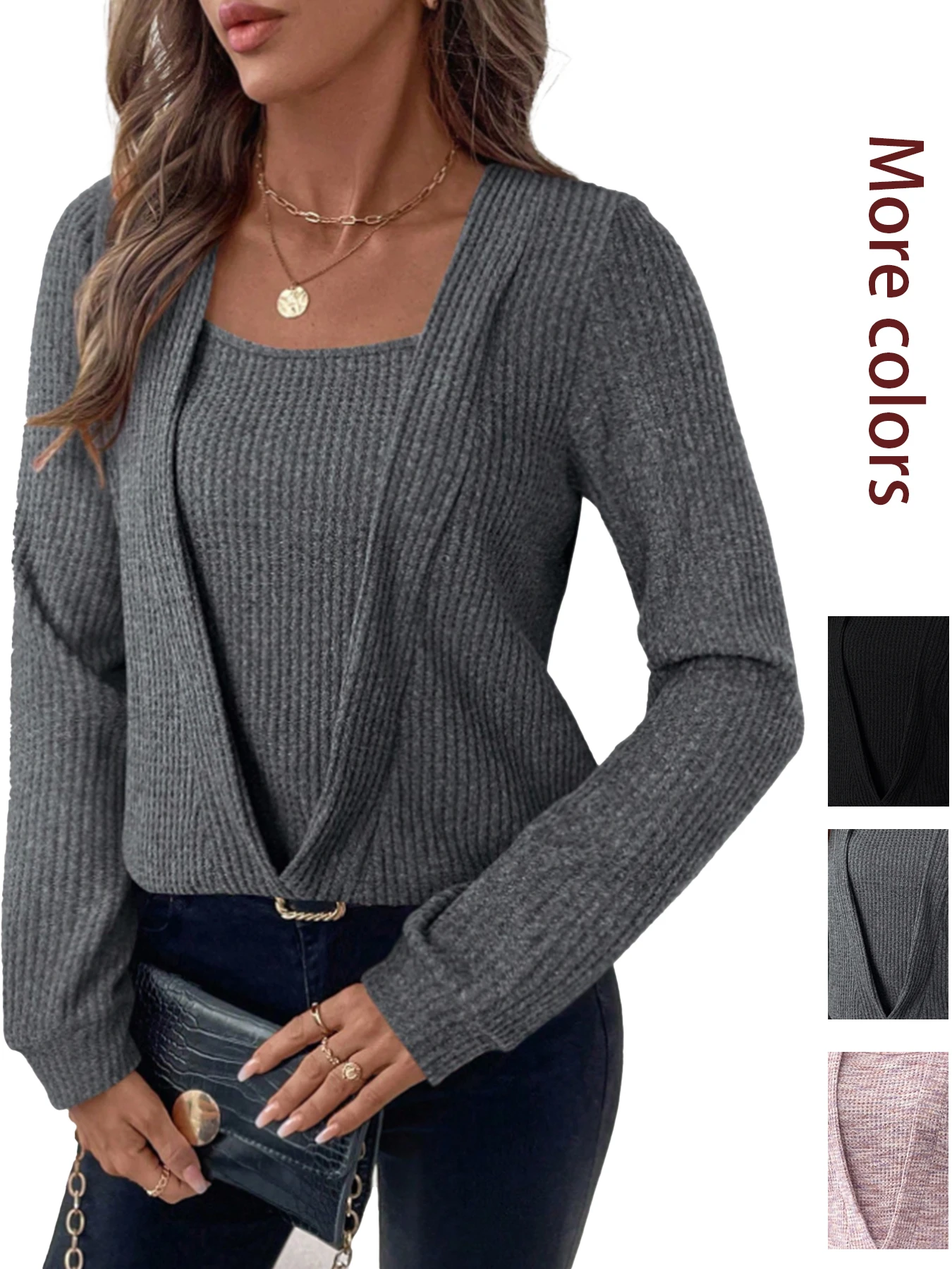 Elegant Marled Knit Fake Two Piece Shirts Ladies Wrap Front Hem Long Sleeve Stretch Waffle Knit Pullover Blouse Casual Daily Wea