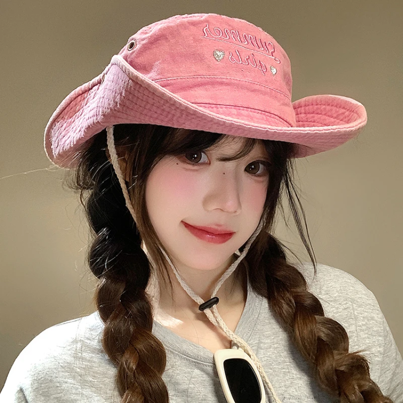 

Korean Sweet Pink Hot Girl Drawstring Bucket Hat Y2K Spring Summer Outing Versatile Sunscreen Retro Western Cowboy Caps Women