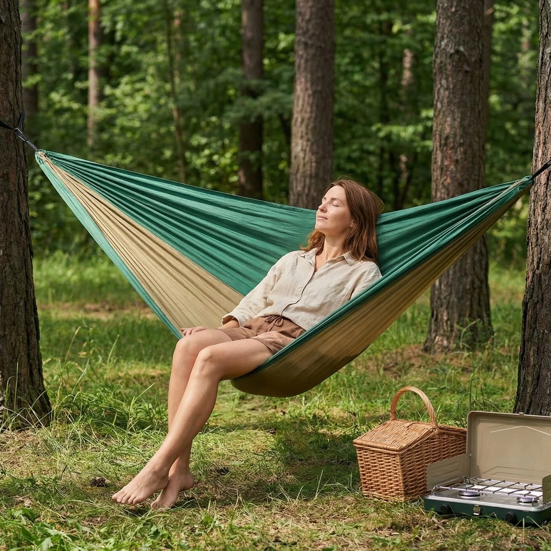 Outdoor Single Person Camping Hammock With Nylon Color Matching Hammock High Strength Parachute Fabric Portable Hanging Bed