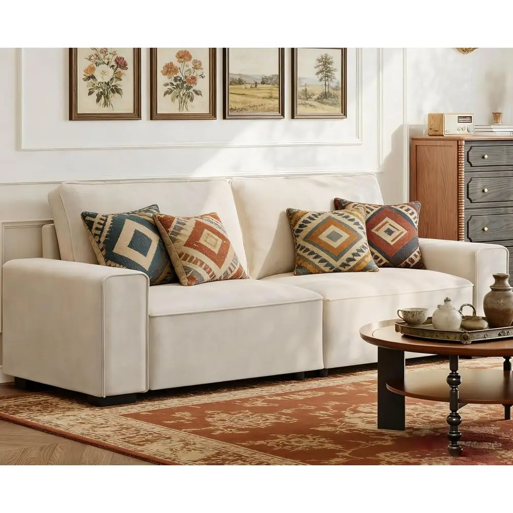 

3 Seater Chenille Couch with Wide Armrests and Thick Spring Cushions for Comfortable Living Rooms and Small Spaces, Beige Color