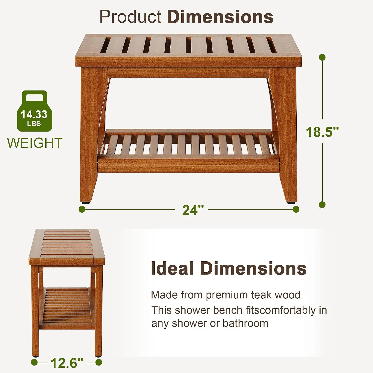 Solid Teak Shower Bench Spa Bath Stool Storage Shelf Wooden Seat Organizer Foot Rest Furniture For Inside Shower Bathroom Sauna Outdoor Patio Deck Garden Swimming Pool, Natural Wood