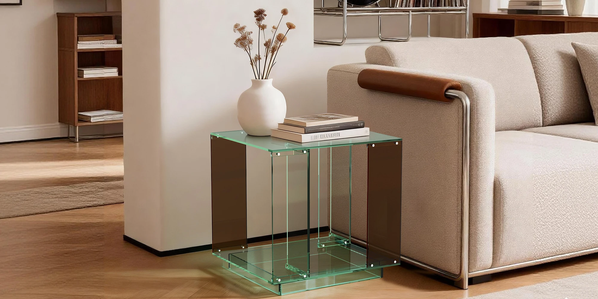 Green-Tinted Acrylic End Table Stand Bedside Nightstand with Open Shelf for Bedroom Living Room Side Table