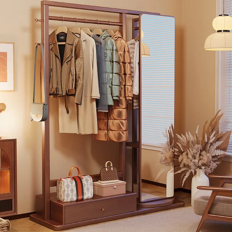Solid wood coat rack floor-to-ceiling hanger full-length mirror integrated bedroom home clothes storage rack space-saving shelf