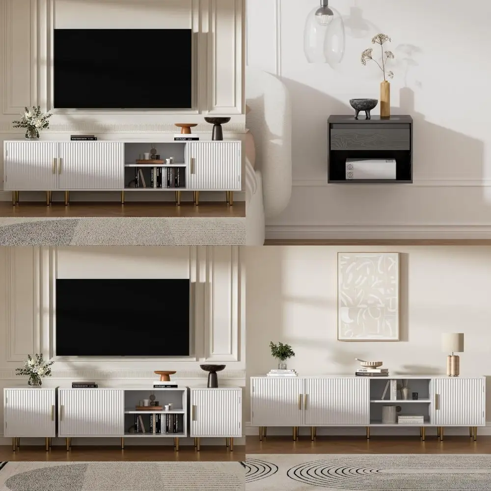 حامل تلفزيون حديث مع مساحة تخزين لغرفة المعيشة، مركز ترفيه لأجهزة التلفاز حتى 71، خزانة تلفزيون أنيقة