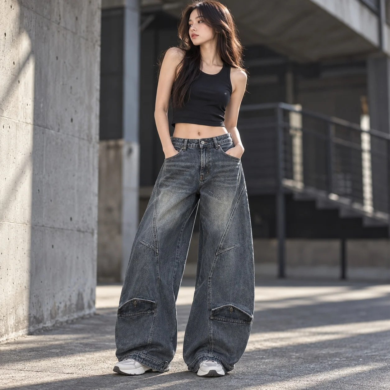 Wide Leg Pocket Jeans Loose Fit Street Style with Mid Rise Distressed Full Length No Stretch Regular Thickness Women Jeans