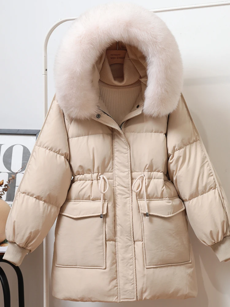 

2024 winter women's oversized white duck down coat fur collar jacket long hooded thick South Korea loose pocket