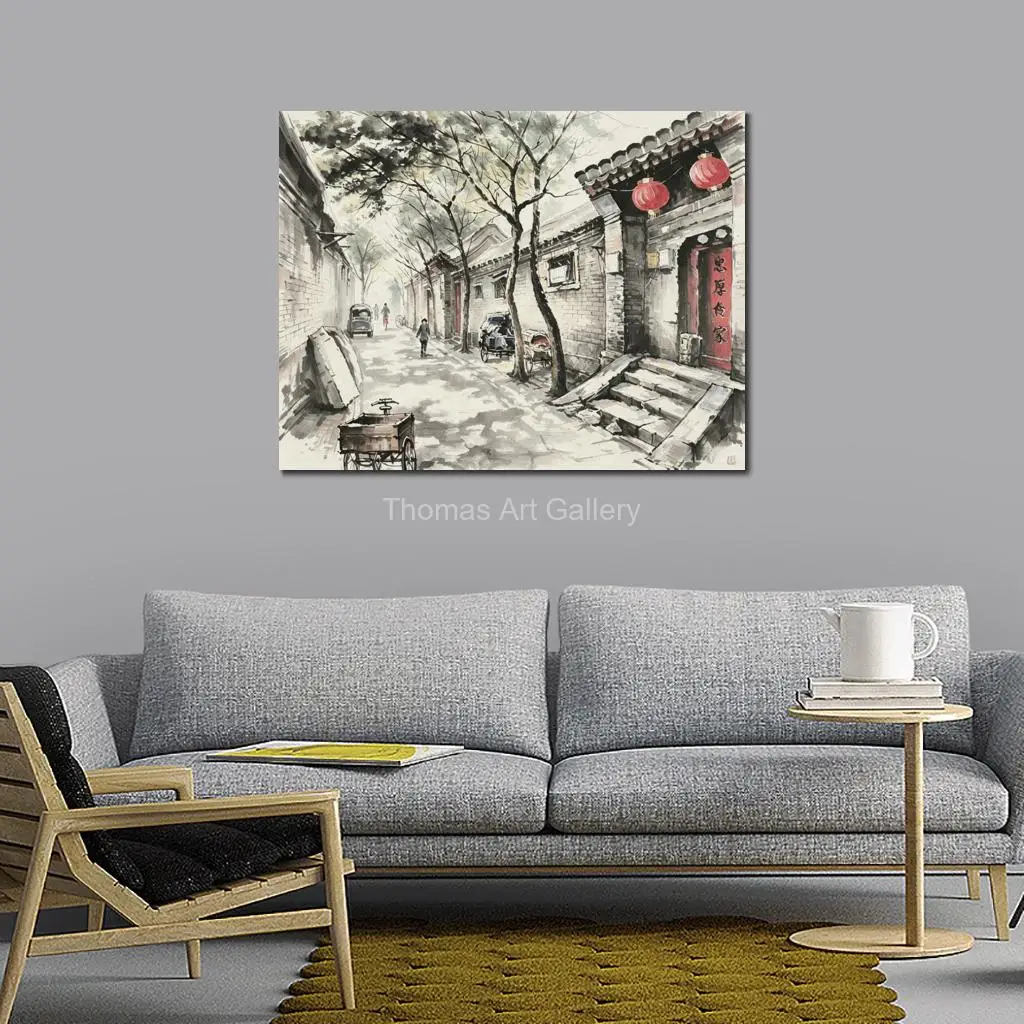 Large Black and White Beijing Hutong Canvas Print Snowy Alley with Graffiti Modern Wall Art for Living Room Apartment Home Decor