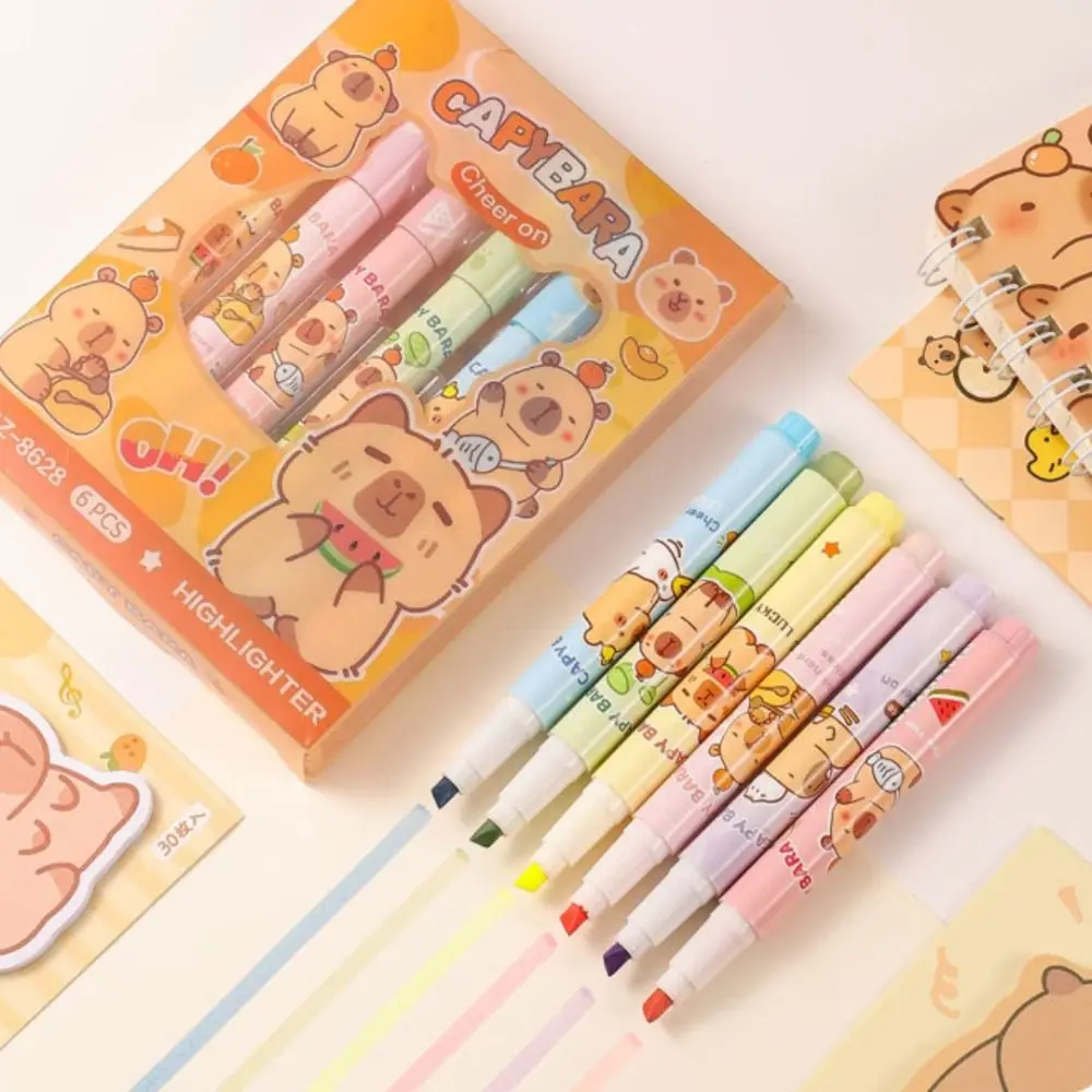 

6pcs Cute Cartoon Capybara Highlighter Set Student Stationery Multifunctional Hand Account Pen Office Supplies Gifts