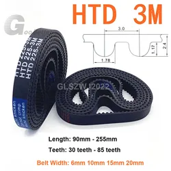 Width 6 10 15 20mm HTD 3M Rubber Timing Belt Length 90mm - 255mm Closed Loop Synchronous Belt Pitch 3mm 30Teeth - 85Teeth