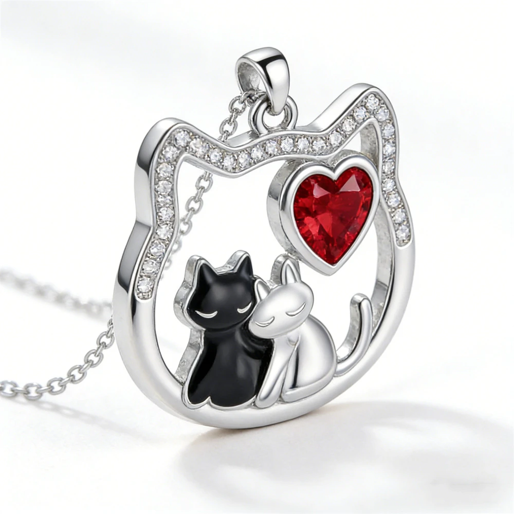 Cute Black & White Couple Cat Pendant Necklace for Women, Rhinestone Inlaid Hollow Cat Frame Red Heart Crystal Fashion