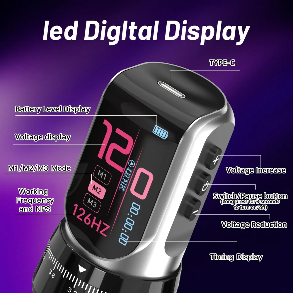 DQFART T9Pro Colorful Led Digltal Display Electric Wireless Tattoo Machine Set Tattoo Artists Body Art Creative Designs TYPE-C