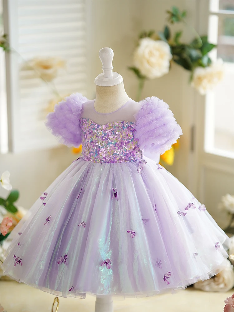 Childrens Dress Purple Butterfly Princess Dress Little Girls Birthday Stylish Fluffy Skirt Sequin Dress for Girl Childrens Dress