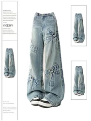 Women Blue Bow Jeans Harajuku Y2k Japanese 2000s Style Aesthetic Baggy Denim Trousers Oversize Jean Pants Vintage Trashy Clothes