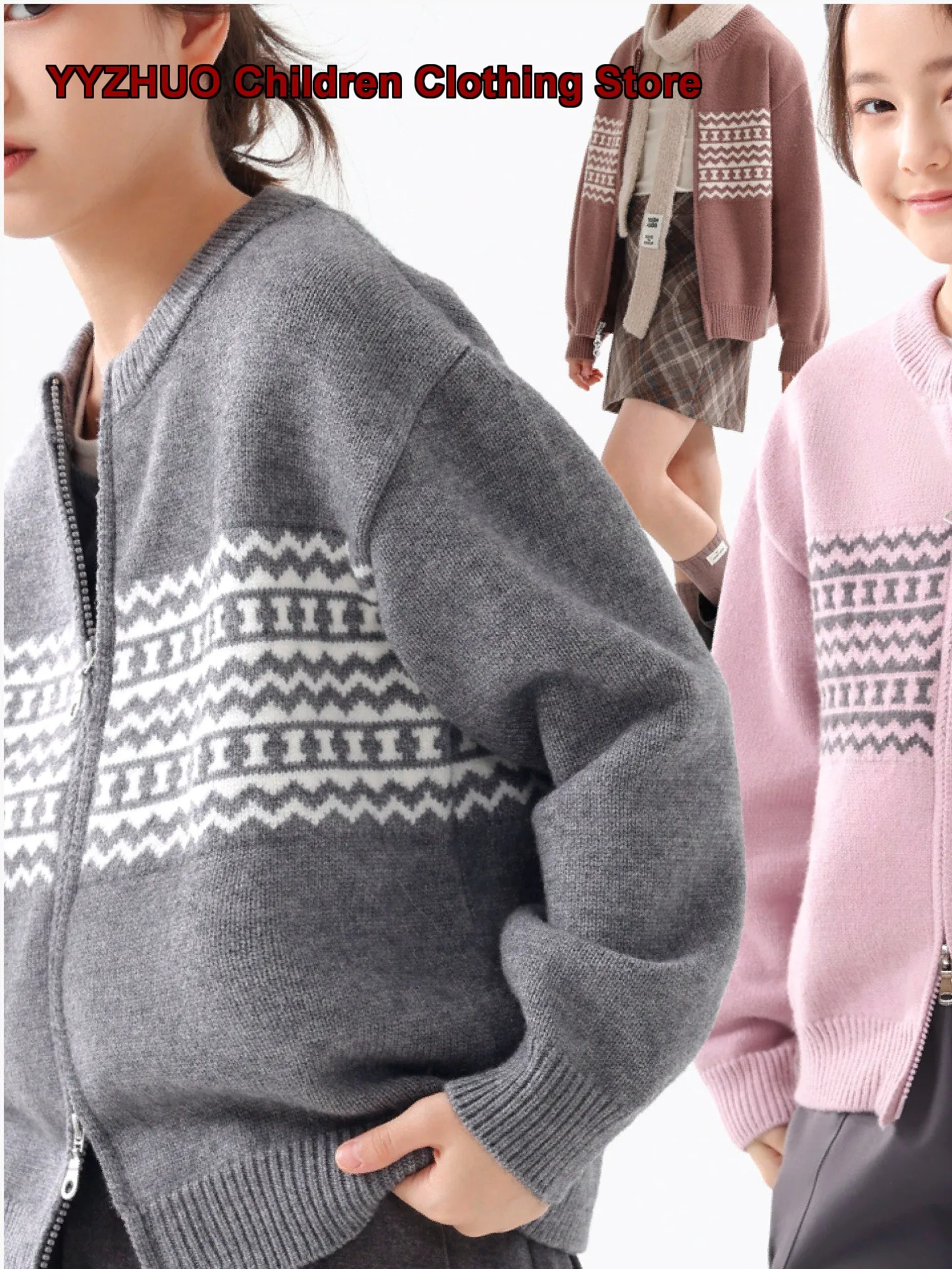 Girls Cardigan Kids Spring Autumn Round Neck Zip-Up Knit Top Teenagers Older Kids