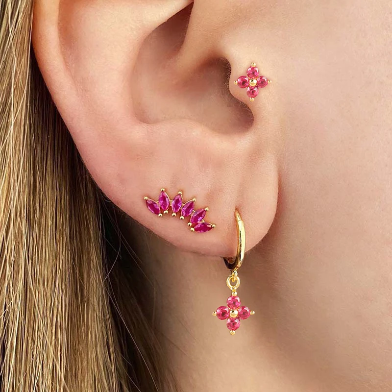 3 Stück Zirkon Blume Anhänger Ohrring Sets für Frauen Edelstahl Knorpel Piercing Ohrring 2024 Trend Schmuck Aretes de Mujer