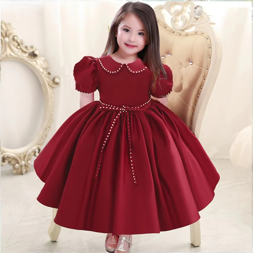 Flower Girl Vintage Evening Bridesmaid Prom Dresses for Wedding Party Dress Children Formal Red Ball Gown Kid Lace Long Clohtes