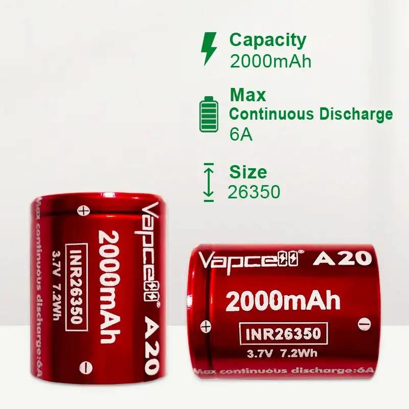 Vapcell A20 2000mah 6A 26350 Li Ion Battery for Flashlight