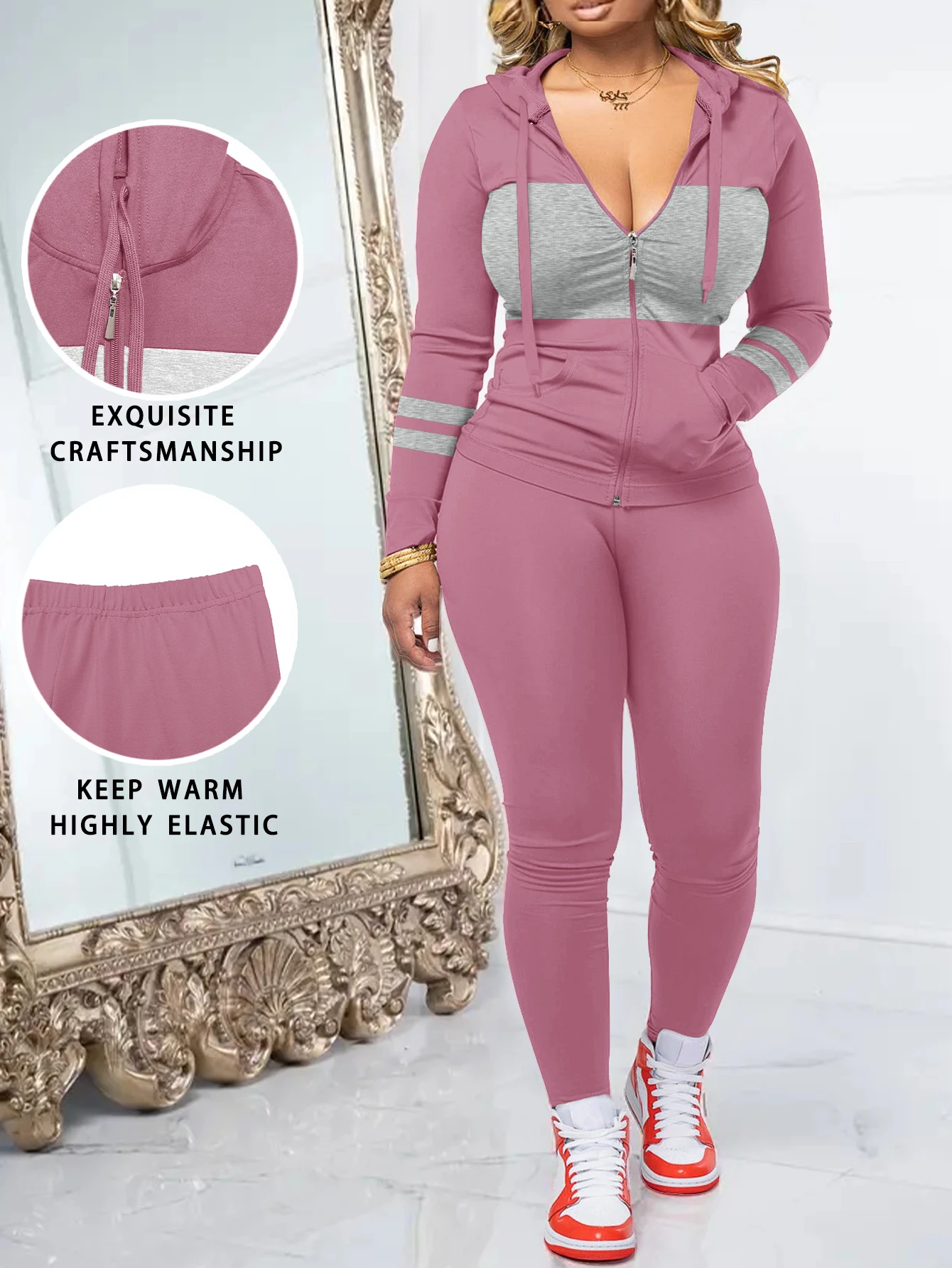 Women's Fashion Color Block Hooded Sporty Set | Classic Solid Color Grey Slim Fit Fitness Two-Piece Set | Zip-Up Sweater + High- - Image 2