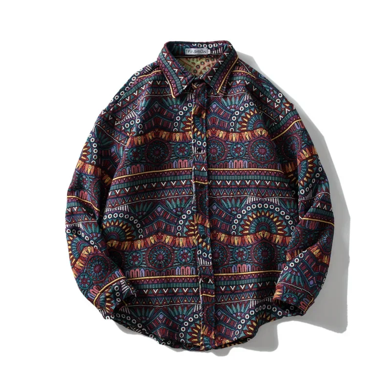 Vintage Ethnic Woolen Shirt Men\'s Thickened Casual Personality Shirt Jacket Tide Loose Variety Couple Abstract Floral Shirts