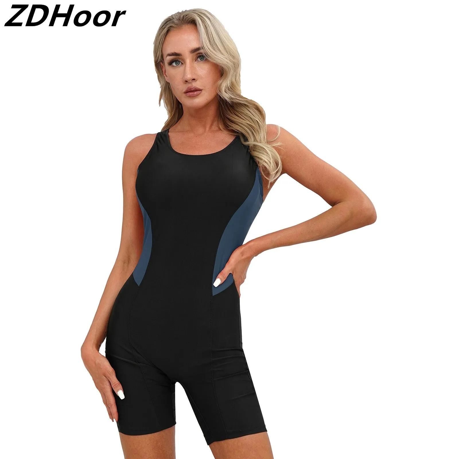 Women One-piece Swimsuit Sleeveless Removable Chest Pads Color Block Keyhole Back Stretchy Jumpsuit Bodysuit Beach Swimwear