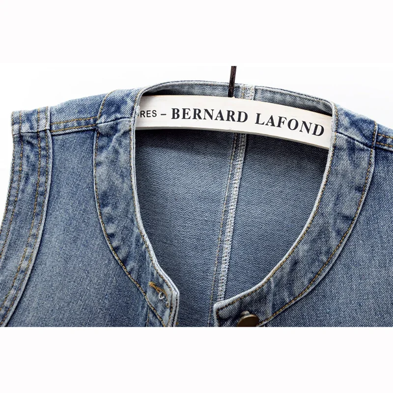 Wiosna Lato Kobiety Vintage Washed Blue Duża kieszeń Cienka krótka kamizelka dżinsowa Okrągły dekolt Jednorzędowa kowbojska kamizelka bez rękawów