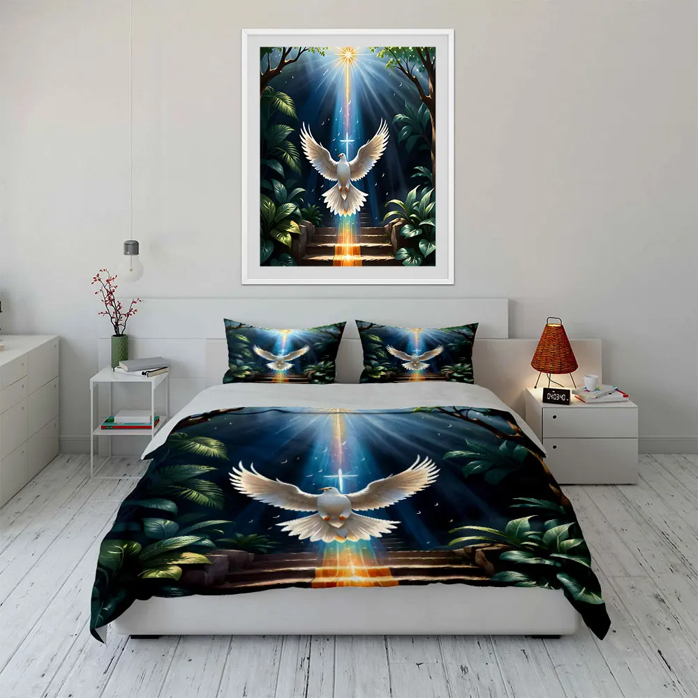 Dove flying, radiant light in forest Print Soft Comfortable Duvet Cover Bedding Set Included 1*Duvet Cover  2*Pillowcases