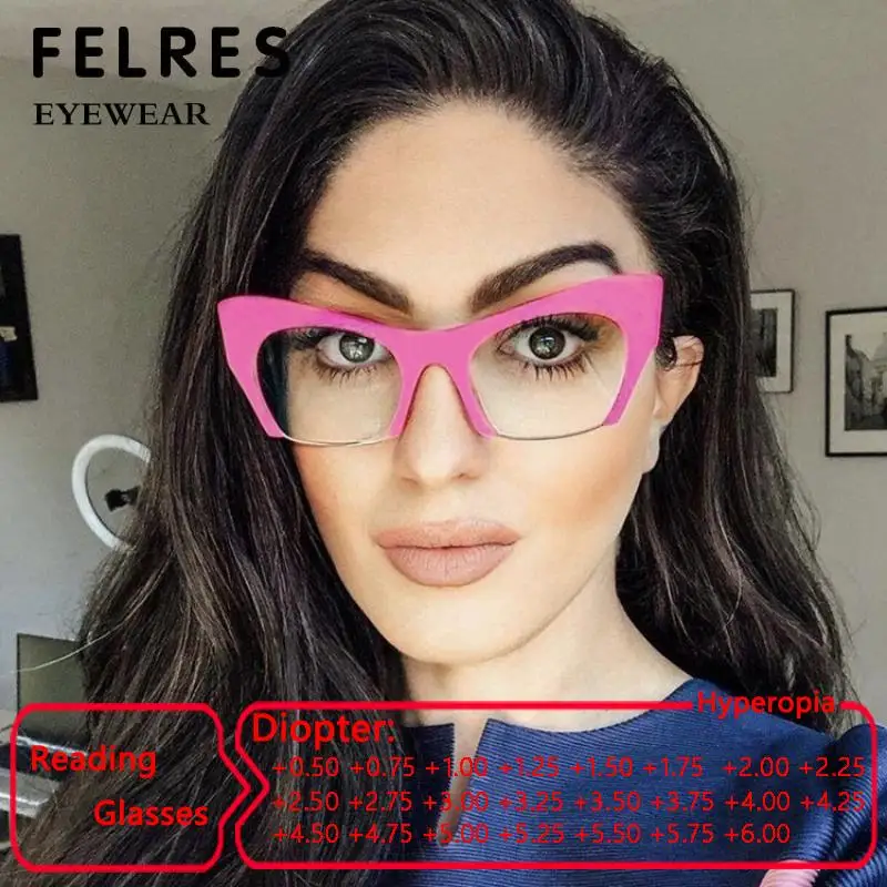 

Vintage Half Frame Reading Magnifier Glasses Women Simplicity Brand Designer Female Cat Eye Anti Blue Light Presbyopic Glasses