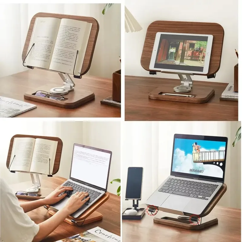 FAS Walnut Adjustable Rotary Book, Pad, Desktop Stand with Walnut Pen Holder