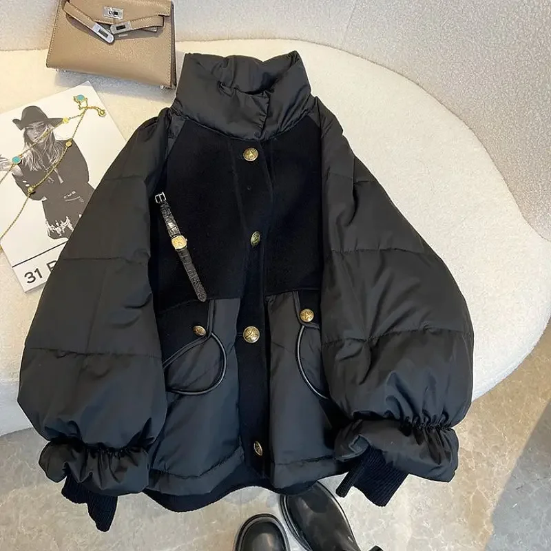 Chaqueta acolchada de algodón para mujer, abrigo negro suelto informal, Parkas gruesas y cálidas de gran tamaño, chaqueta de cuello alto súper