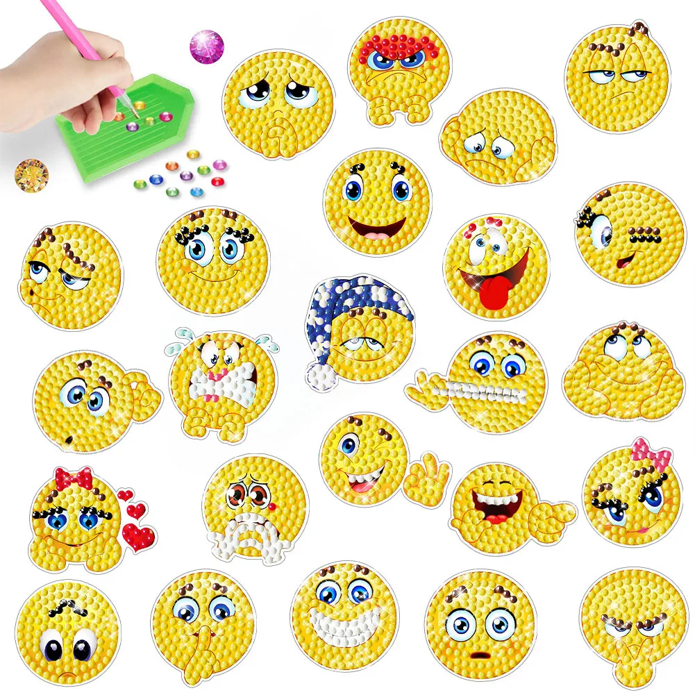 Наклейки с алмазной живописью «сделай сам», легко наносимые, смайлики ручной работы с желтым лицом и смайликами, 5D круглый алмазный рисунок Наклейки с алмазной живописью «сделай сам», легко наносимые, смайлики ручной работы с желтым лицом и смайликами, 5D круглый алмазный рисунок