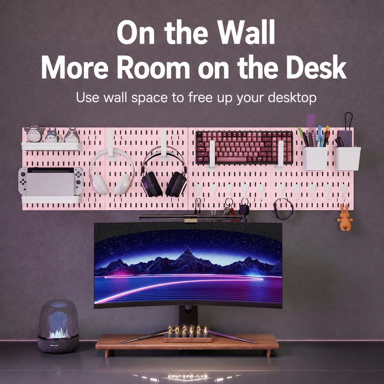 No Drill Pink Wall Mount Pegboard Organizer Combinable Display Shelf for Teen Girl Gaming Room Game Toy Ornament Storage